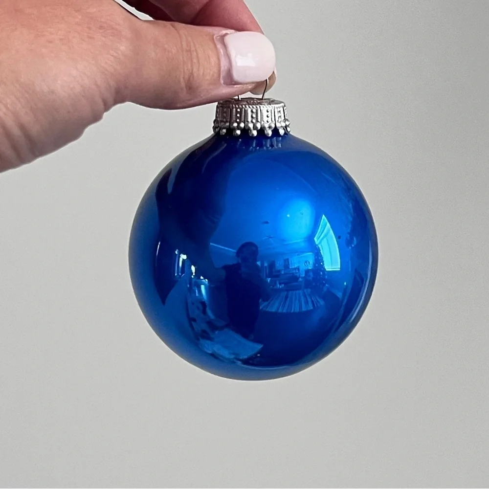 Blue Glass Holiday Ornaments with Silver Topper
